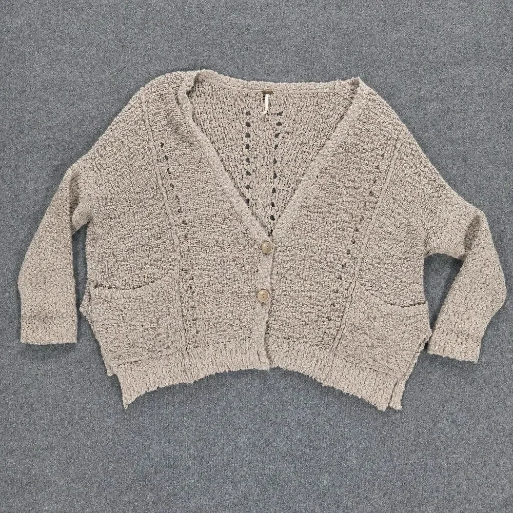 Free People Small Oversized Boucle Cardigan Taupe Open Knit Dolman Pockets